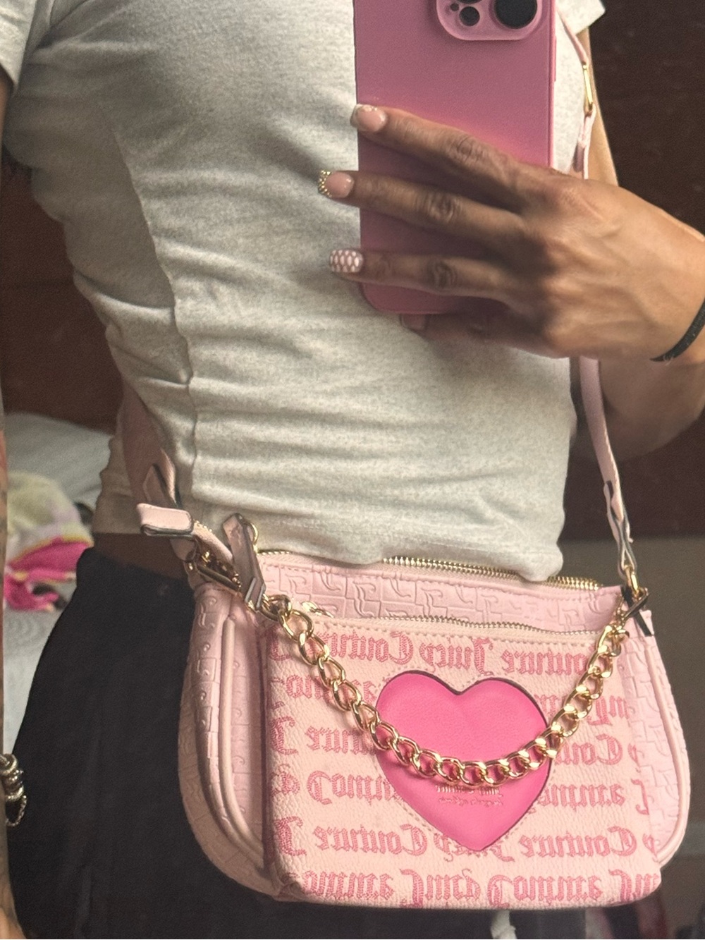 Juicy Couture Pink Heart Patch Crossbody Bag with Gold Chain